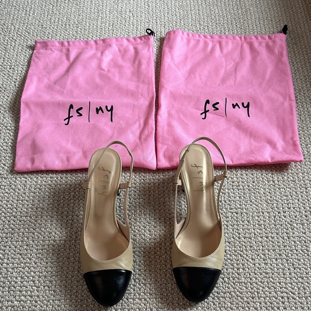 French Sole Beige and Black slingback heels